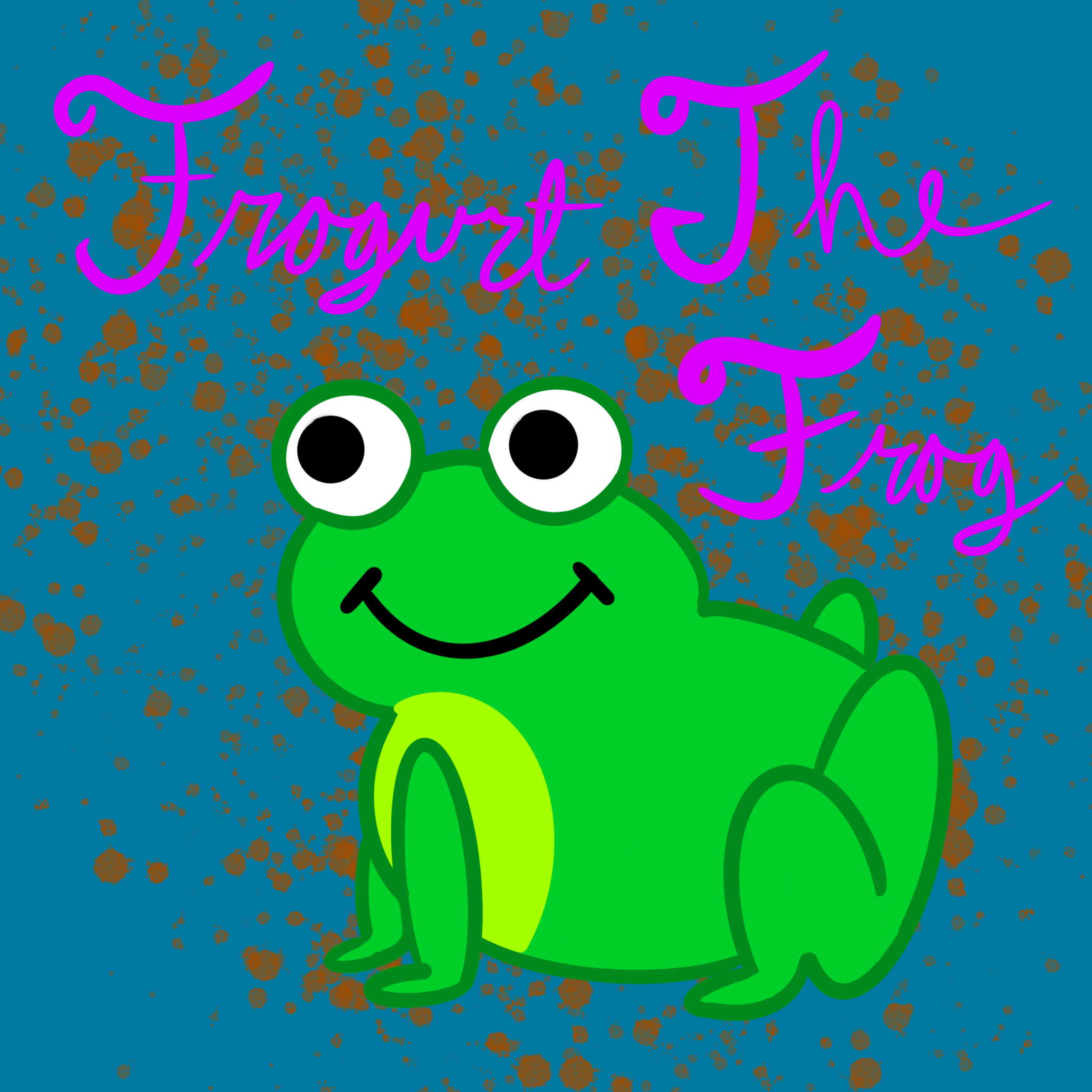a green frog in a fun blue and orange background with the text saying Frogurt the Frog